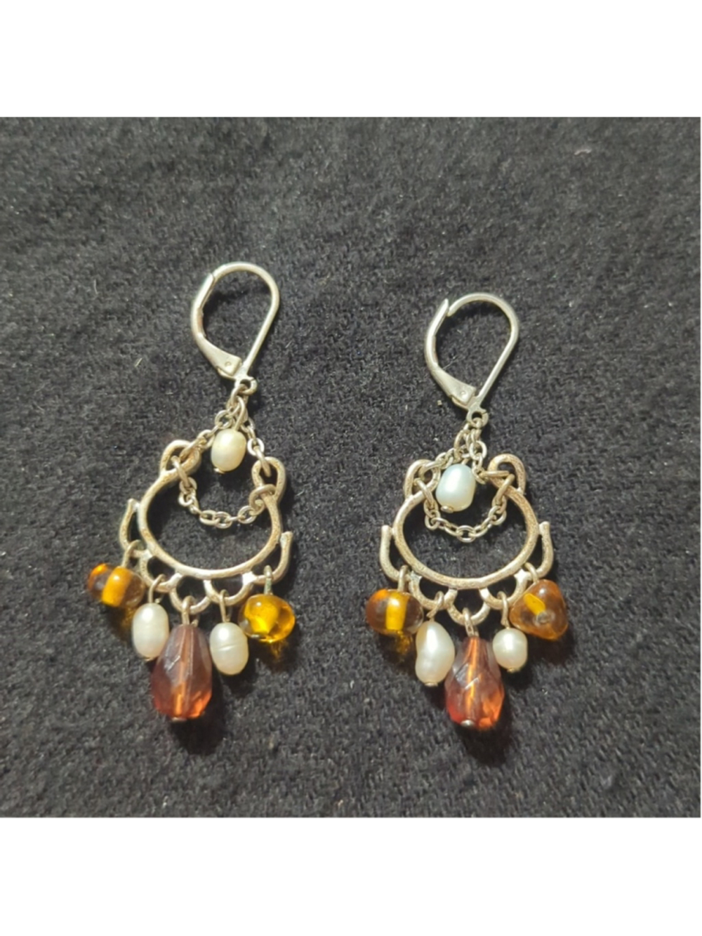 Silver Tone White Freshwater Pearl Brown Beaded Dangle Statement Earrings